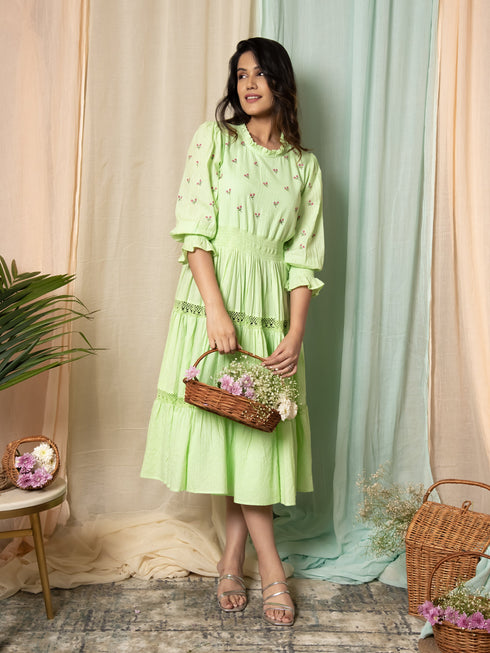 AAHELI RADIANT MEADOWS PASTEL GREEN COTTON KANTHA TIERED DRESS AAHELI RADIANT MEADOWS PASTEL GREEN COTTON KANTHA TIERED DRESS
